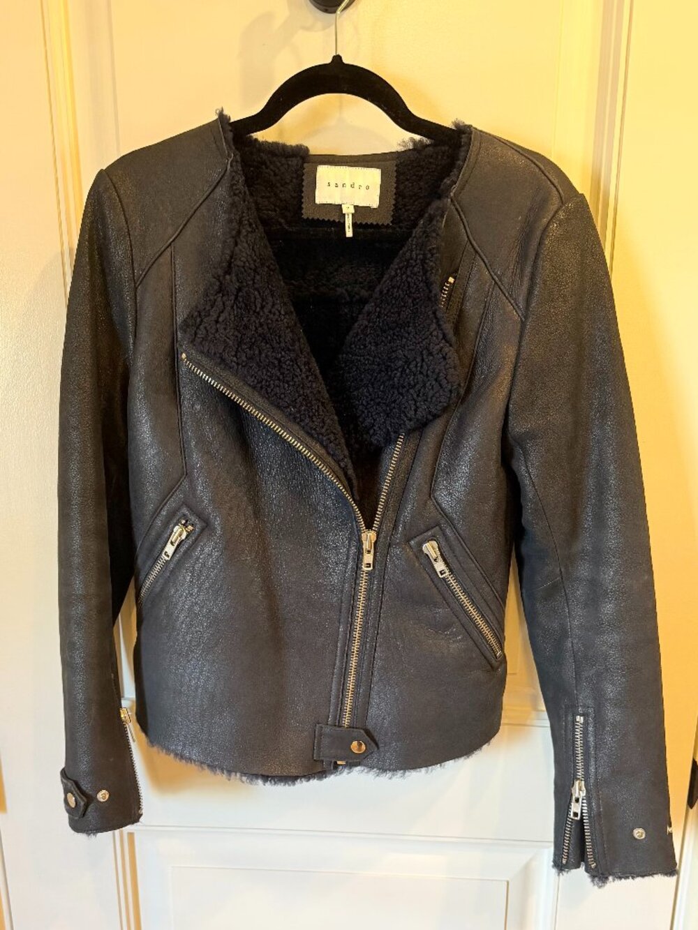 Sandro Paris navy blue lamb leather shearling biker moto jacket size 2